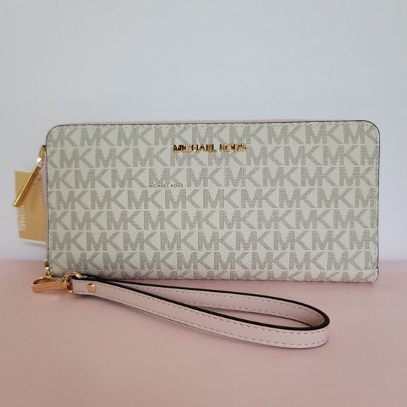 MICHAEL KORS Signature Logo Jet Set Travel Continental Wallet/Wristlet-Pwr Blush - Picture 2 of 16